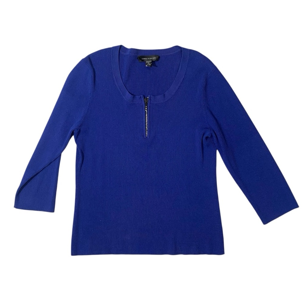 Cable & Gauge Women's Top XL Blue 1/4 Zip Ribbed 3/4 Sleeve Knit Shirt Blouse